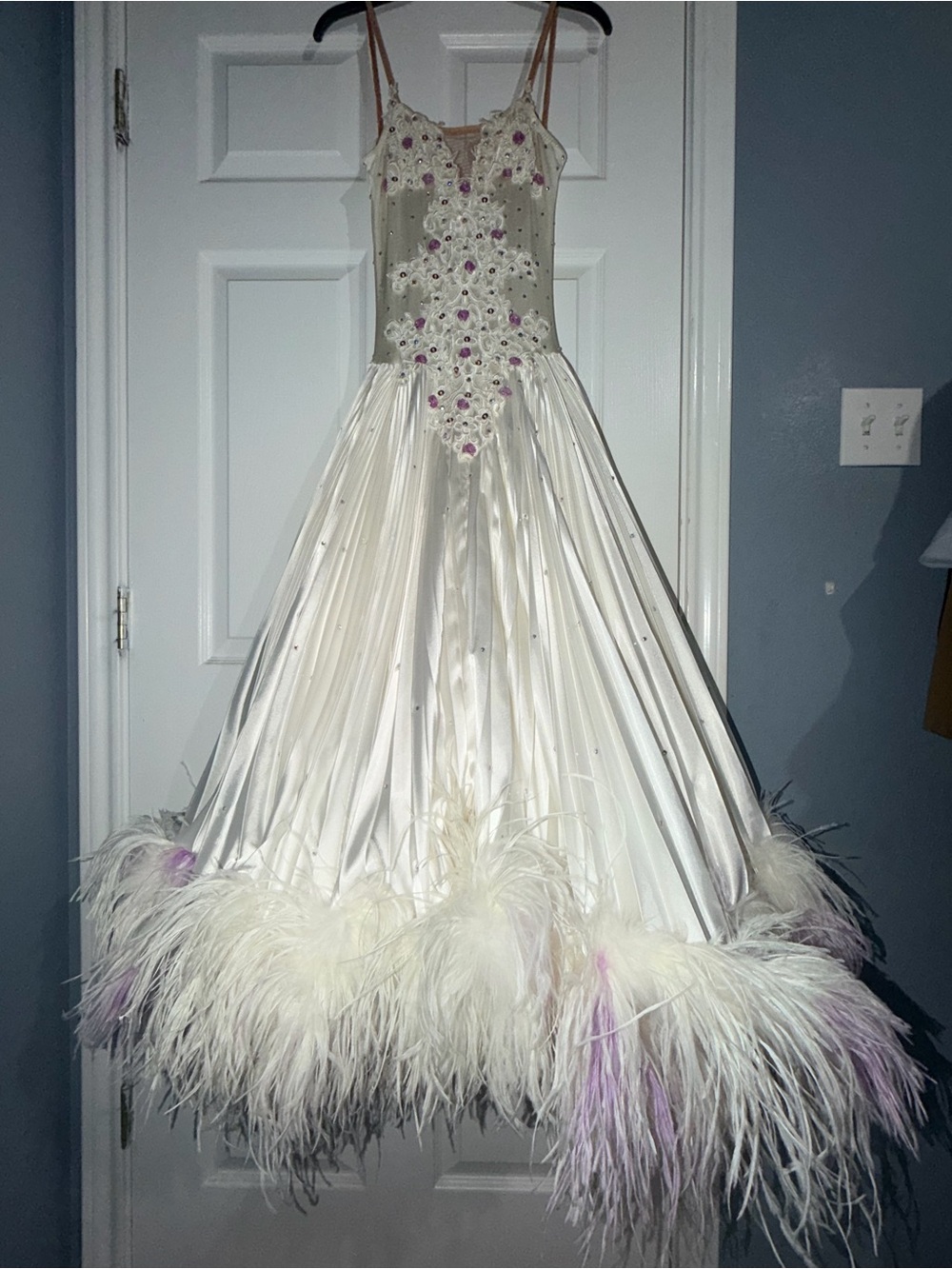 Ivory ostrich Feather-Trim Satin Maxi Dress with Lilac Accents
